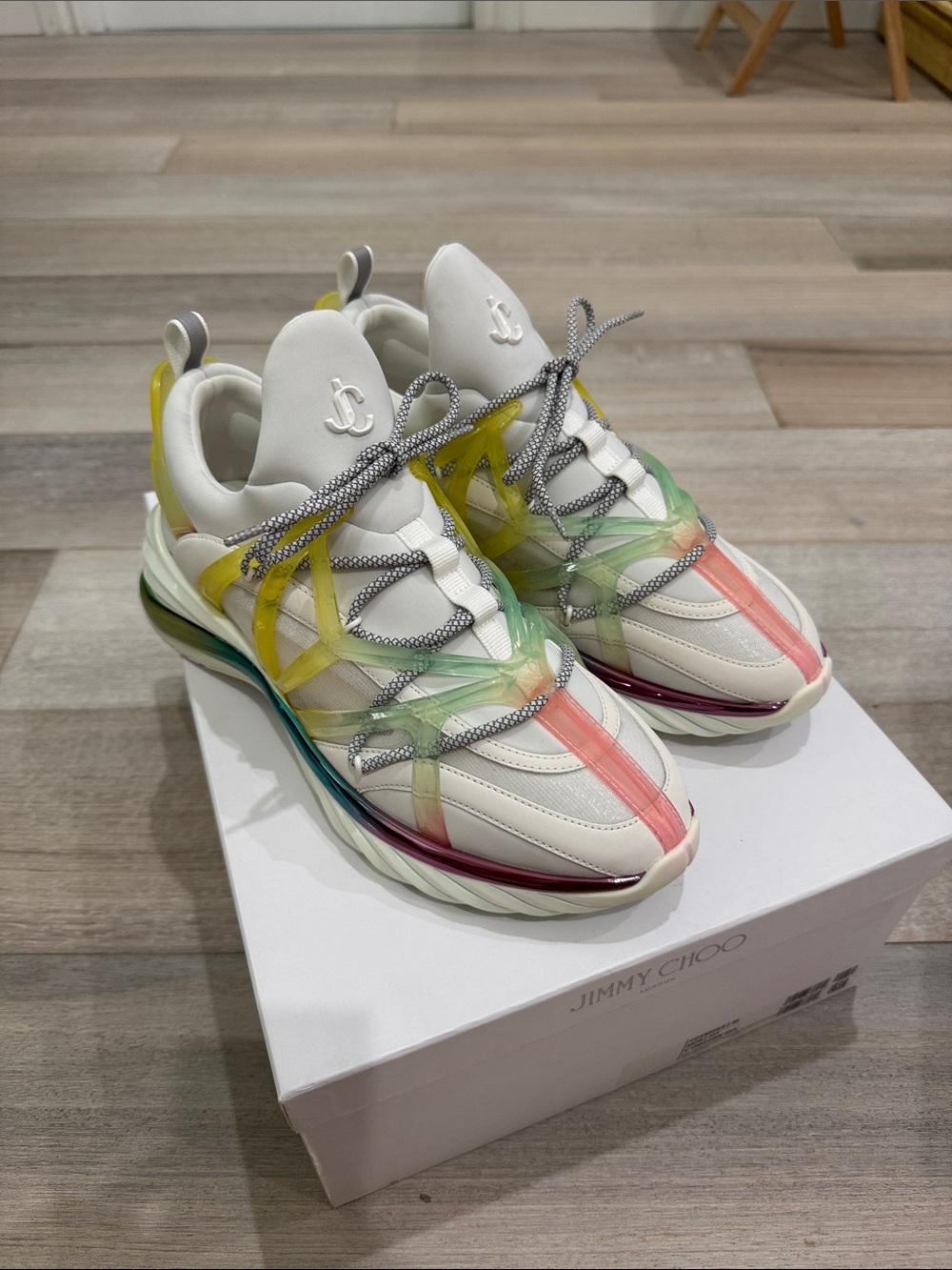 Jimmy Choo: Brand New —White Sneakers with Yellow, Green & Pink Accents Size 40